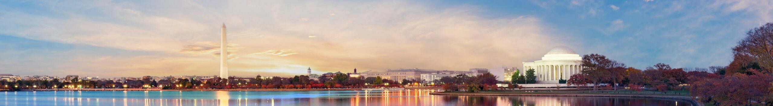 Jefferson Memorial and Washington Monument reflected on Tidal Basin in the morning, Washington DC, USA. Panoramic image